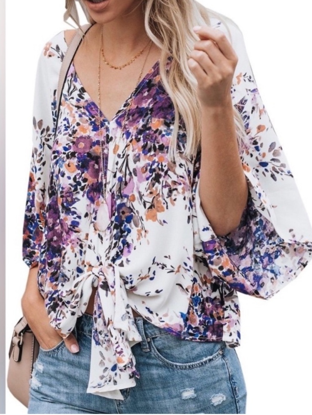 Lovestitch Floral V-Neck Tie Front Kimono Blouse White Purple Size Medium-Large